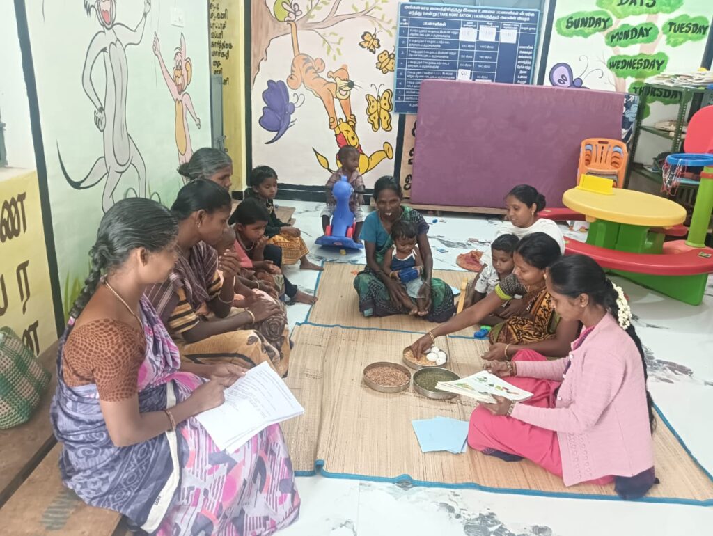 Community Health Workers demonstrating community members in discussions on balanced diets and nutrition.