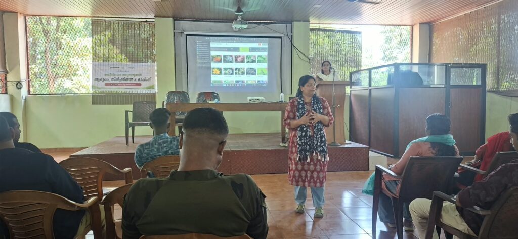 Keystone Foundation Programme Coordinator Dr. Shiny Rahel is conducting a session on Invasive Alien Plants for fi